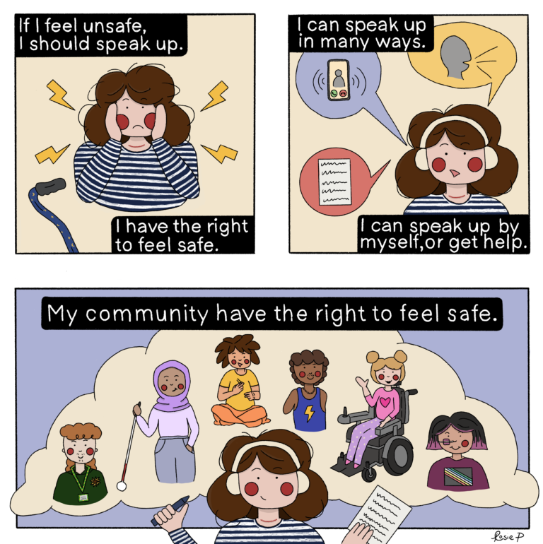 Illustration of a white disabled young person wearing headphones. Text reads: If I feel unsafe, I should speak up. I have the right to feel safe. I can speak up in many ways. I can speak up by myself, or get help. My community have the right to feel safe.