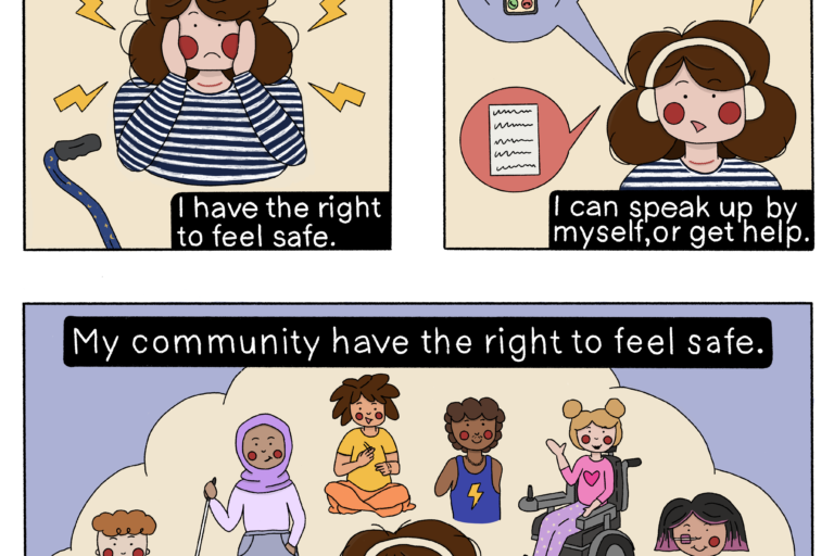 Illustration of a white disabled young person wearing headphones. Text reads: If I feel unsafe, I should speak up. I have the right to feel safe. I can speak up in many ways. I can speak up by myself, or get help. My community have the right to feel safe.
