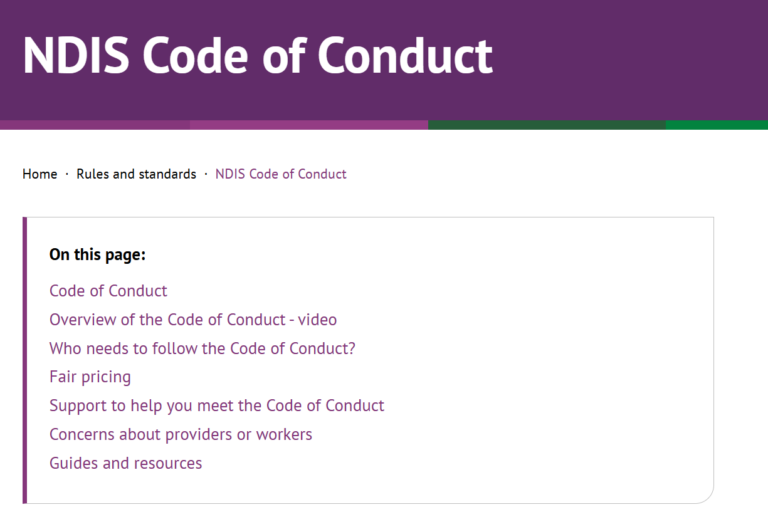Screenshot of a webpage about the NDIS code of conduct