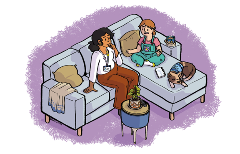A white disabled young person asking for help on a couch. There's a worker talking to them and a service dog asleep beside them.