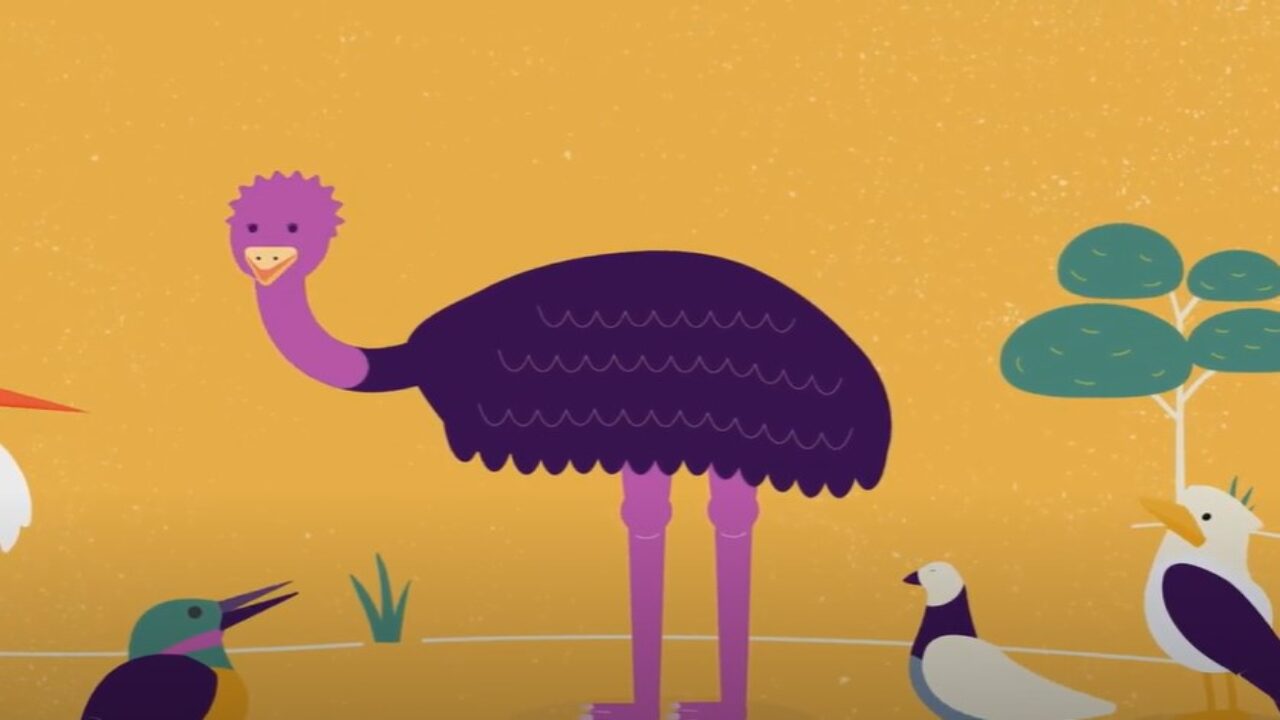 Illustration of an emu surrounded by other, smaller birds.