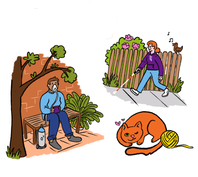 Illustrations of a person with an oxygen tank, a cat and a person using a white cane