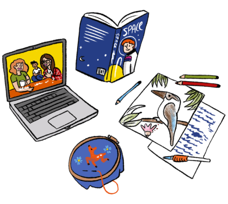 Illustration of various objects related to self care: embroidery, a laptop, a book, art
