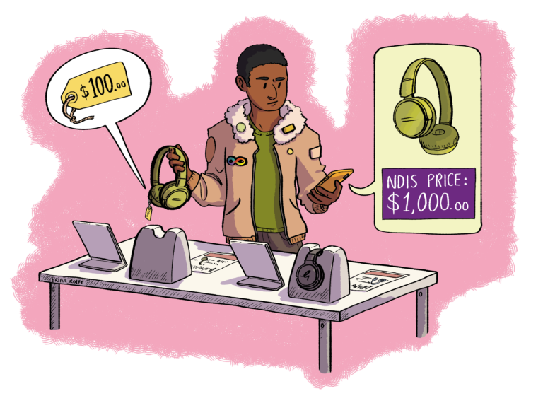 Illustration of a person of colour looking at item for sale on a table. The headphones they're holding cost $100 but there's a sign next to them that says: NDIS price $1000.