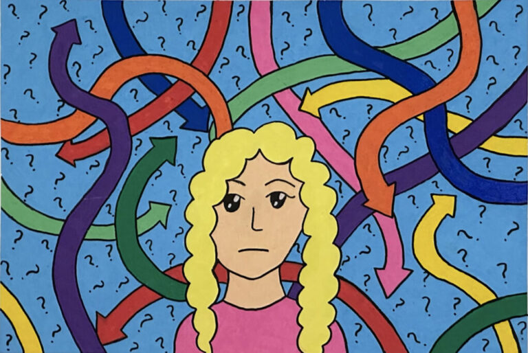 Illustration of a white person with a series of arrows and question marks behind them, indicating confusion