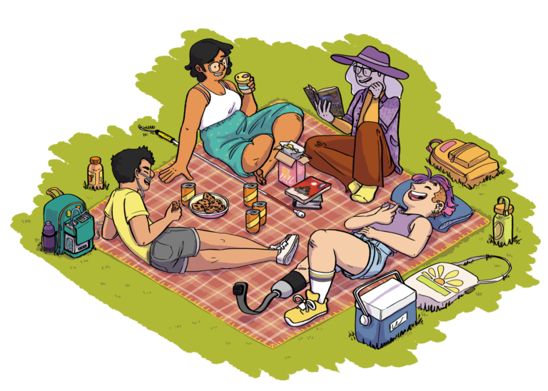 Illustration of a group of disabled young people having a picnic.