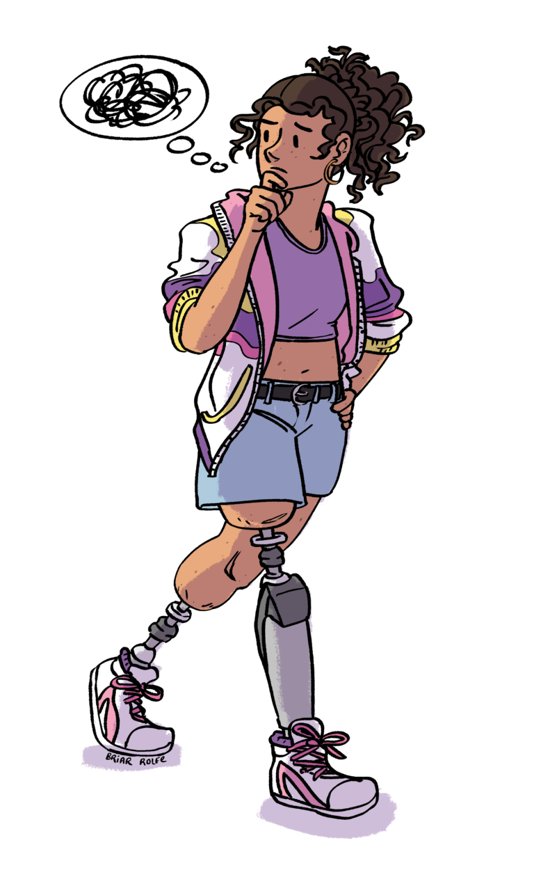 Young person of colour with prosthetic legs looking concerned.