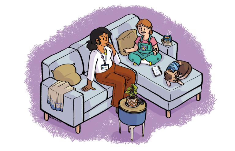 Illustration of a white disabled young person sitting on a couch, in conversation with a worker. There's a service dog asleep next to them.