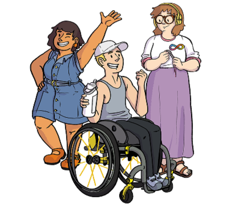 This image celebrates Disability Pride by showing a diverse group of disabled people confidently expressing their identities. The group includes individuals with various disabilities—some using wheelchairs, prosthetic limbs, walkers, or accompanied by a guide dog. They are all smiling and holding signs with empowering messages like “Disabled and Proud,” “Chronic & Iconic,” and “Disability Pride.”