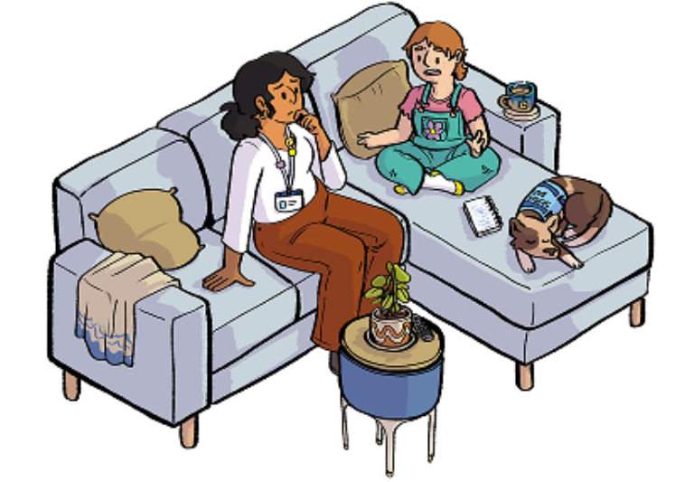Illustration of a white disabled young person sitting on a couch in conversation with a worker. There's a service dog asleep next to them