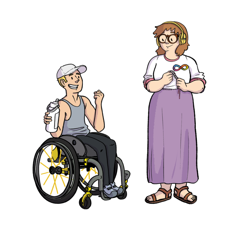 Two white young people smiling at each other. One is a manual wheelchair user and the other is wearing headphones and has the autism/infinity symbol on their shirt