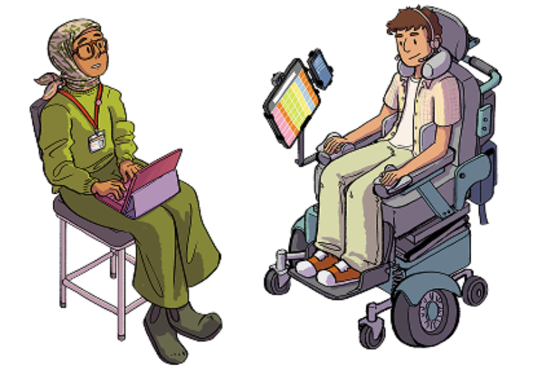 Illustration of a white disabled young person using a power wheelchair and communication device, in conversation with a staff member who is wearing a headscarf and is typing on a laptop, balance on their knees