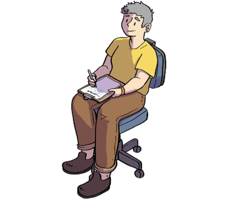 Illustration of a person sitting in a desk chair, writing notes on a clipboard