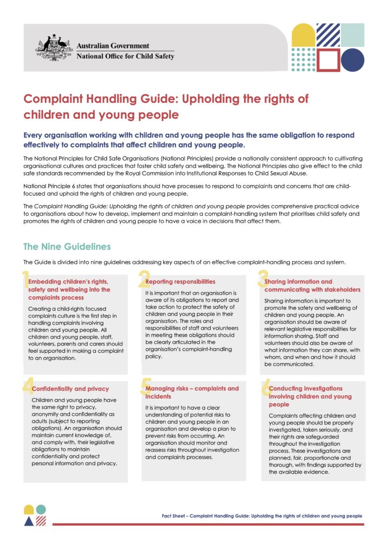 Image of a complaint handling guide from the National Office of Child Safety