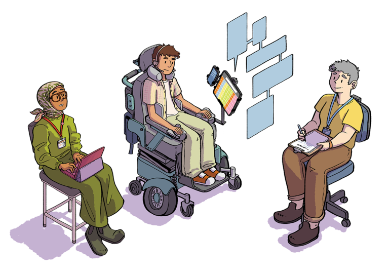 Illustration of a white disabled young person in a power wheelchair, in a meeting with two workers
