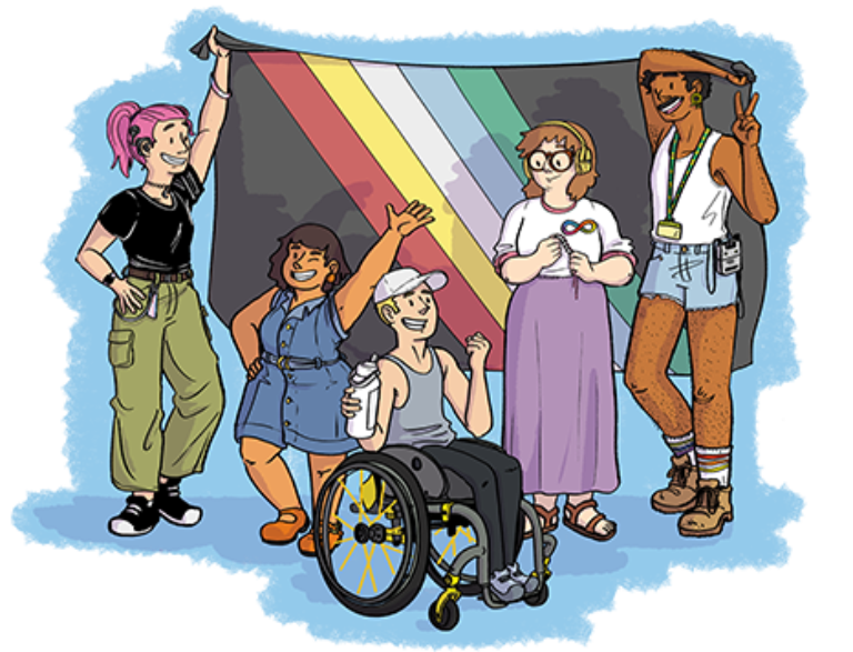 Illustration of a group of disabled young people gathered in front of the disability pride flag