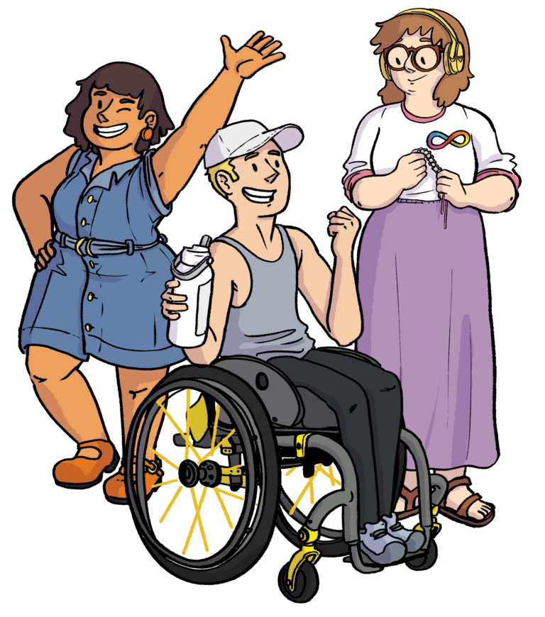 Illustration of three happy disabled people. One is winking with a hand on their hip, the other is a manual wheelchair user in conversation with the person beside them, who is wearing headphones and has the autism symbol on their shirt