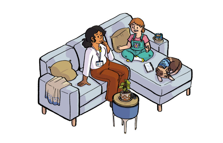 Illustration of a white young person sitting on a couch talking to a staff member. There's a service dog asleep next to them.