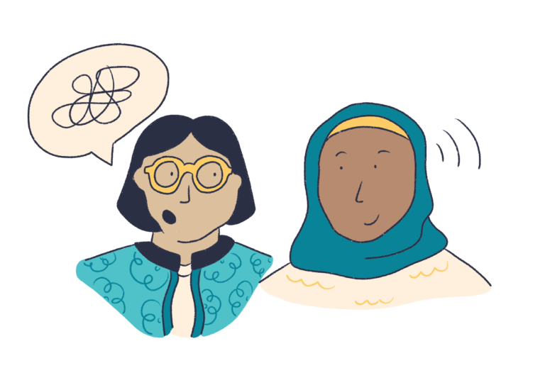 Illustration of two people of colour speaking to each other and sharing ideas.