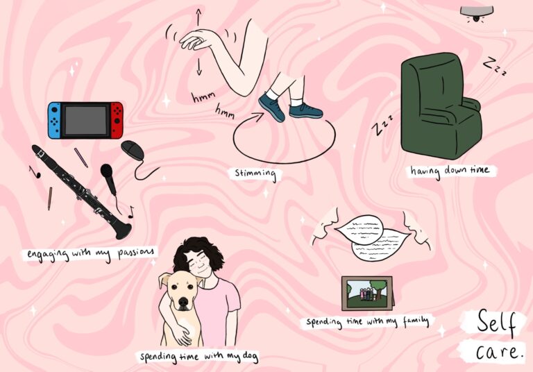 This artwork shows different ways someone takes care of their mental and emotional well-being. It includes activities like stimming (repetitive movements or sounds that can be soothing), spending quiet time alone, engaging in hobbies like music and gaming, spending time with their dog, talking with others, and being with family. These are all shown as part of self-care—things that help a person feel good, safe, and recharged.