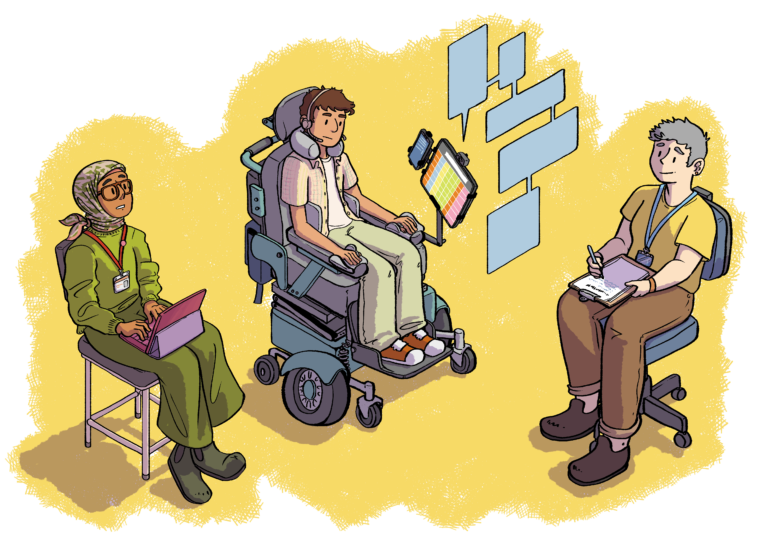A white disabled young person using a power wheelchair and communication device in a meeting with two staff members.