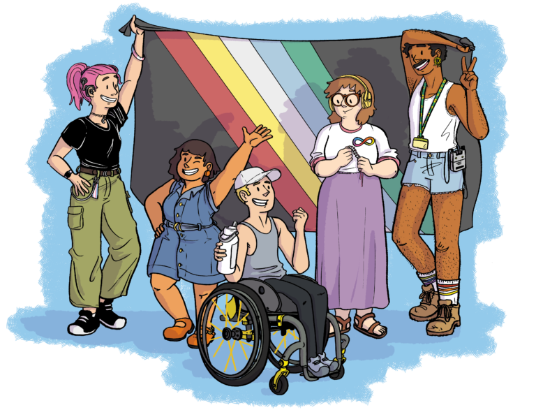 Illustration celebrating disability pride with a group of disabled young people with different disabilities holding a disability pride flag.