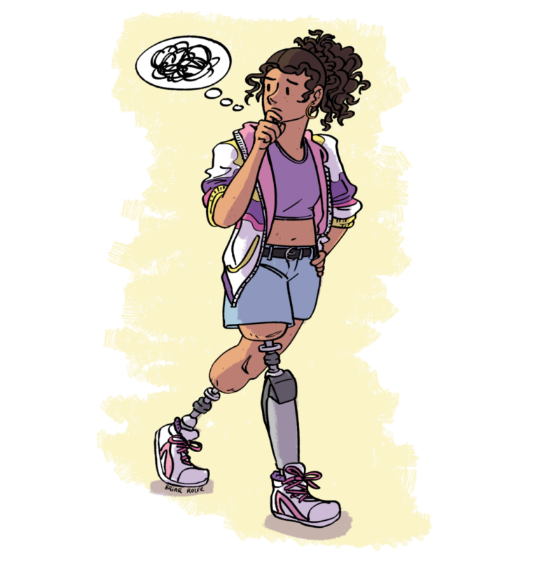 Illustration of a person of colour wearing two prosthetic legs. They're walking and thinking, with a thought bubble above their head and one hand on their chin.
