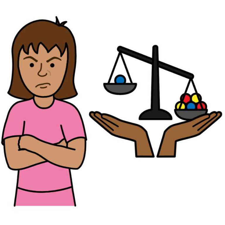 Girl looking unhappy in front of unbalanced scales